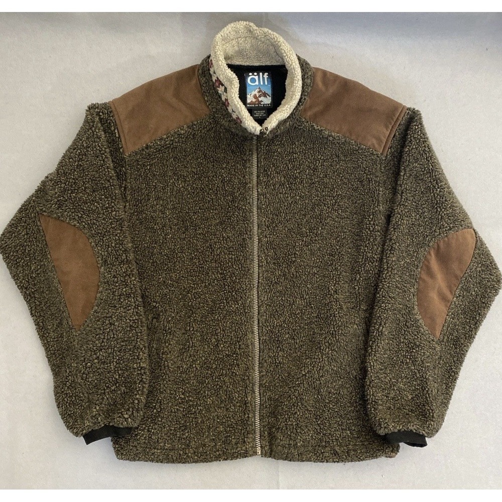 ÄLF Fleece Jacket Men's Large Olive Brown Aztec Trim Collar USA Kuhl Outdoors